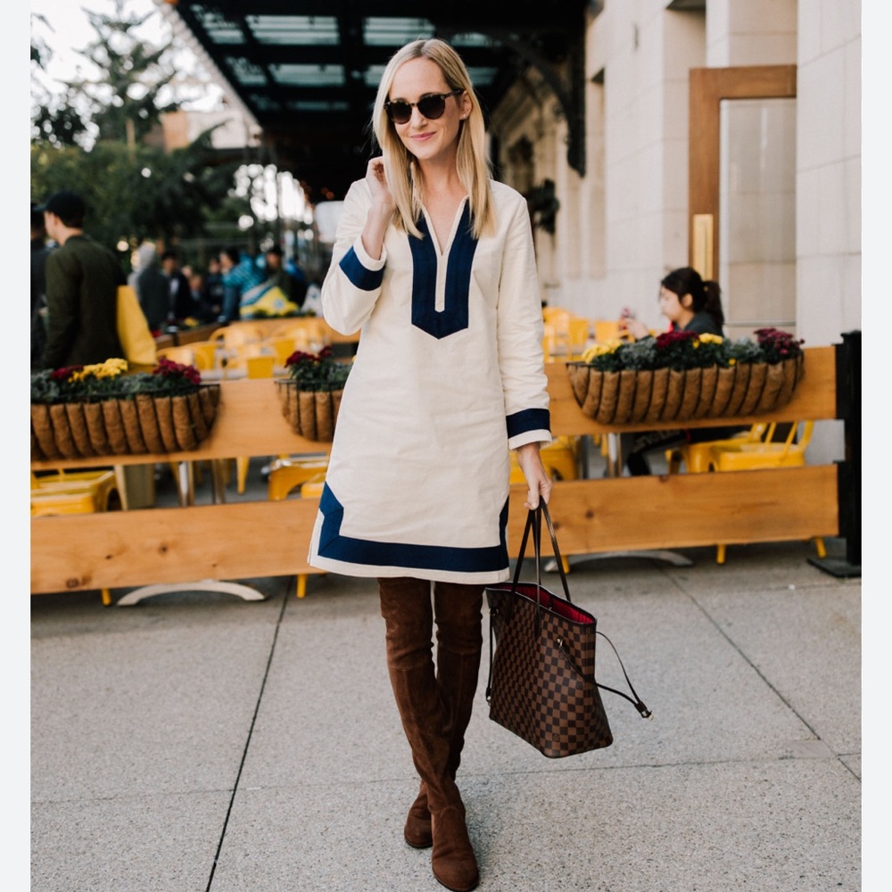 Elegant Cream and Blue Women's Dress